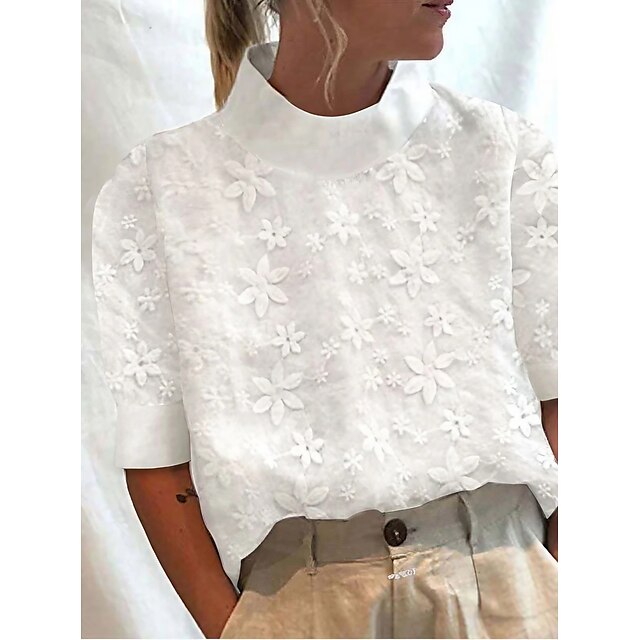  Women's Shirt Blouse White Floral Casual Holiday Short Sleeve Standing Collar Basic Cotton Regular Floral S