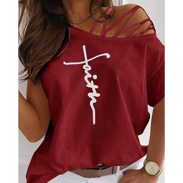  Women's T shirt Tee Wine Red Black White Letter Text Cut Out Print Short Sleeve Daily Basic One Shoulder Regular Painting S