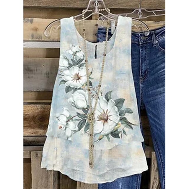  Women's Tank Top White Blue Floral Print Sleeveless Casual Holiday Basic Round Neck Regular Floral S