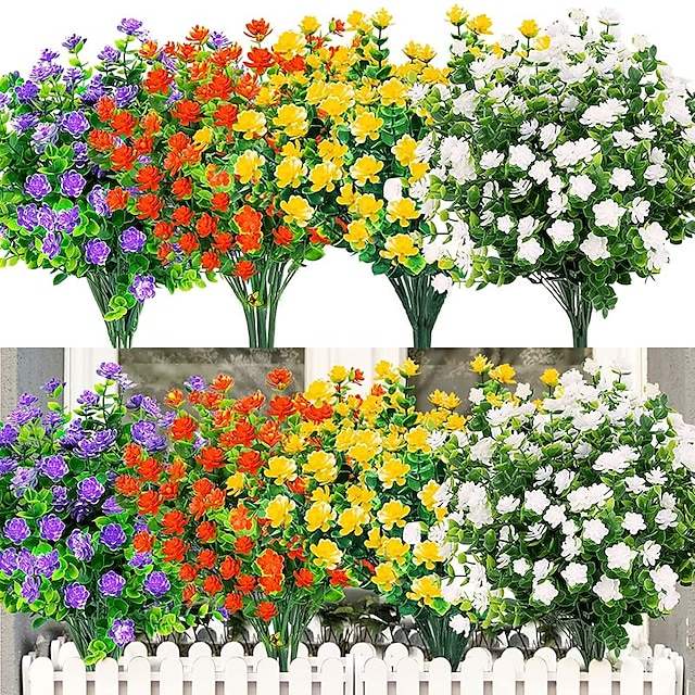  Paquete de 2/paquete de 8 flores artificiales al aire libre resistentes a los rayos UV flores de plástico falsas rosas que no se desvanecen plantas de plástico falsas para interior al aire libre boda