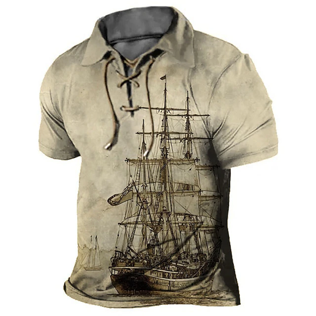 Men's Graphic Prints Vintage Boat Polo Shirt Golf Shirt Short Sleeve Shirt Turndown Outdoor Street Lake blue Blue Brown Khaki Gray Drawstring Print Clothing Apparel Sports Fashion Streetwear Designer 6