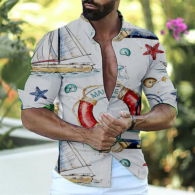  Men's Shirt Graphic Prints Beach Turndown Gray Outdoor Street Long Sleeve Button-Down Print Clothing Apparel Fashion Streetwear Designer Soft