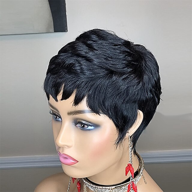  Pixie Cut Wigs For Black Women Human Hair 1B Short Brazilian Real Hair Wigs Layered Pixie Wigs for Women Natural Black Color None Lace Front Full Machine Made Wavy Wigs