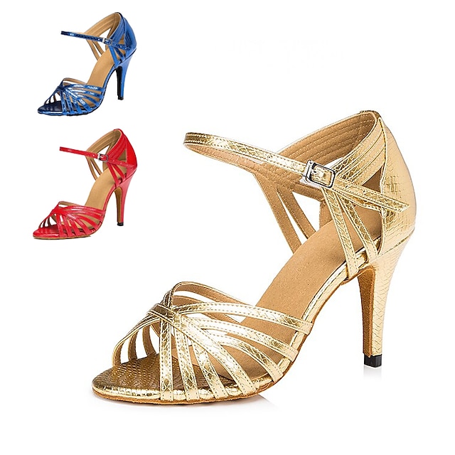  Mujer Zapatos de Baile Latino Salón Zapatos de Salsa Baile en línea Rendimiento Interior Entrenamiento Básico Tacones Alto Un Color Tacón alto delgado Tira de tobillo Rojo Azul Dorado