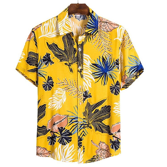  Men's Shirt Summer Hawaiian Shirt Button Up Shirt Summer Shirt Casual Shirt Light Yellow Black White Yellow Light Green Short Sleeve Flower / Plants Shirt Collar Outdoor Going out Print Clothing
