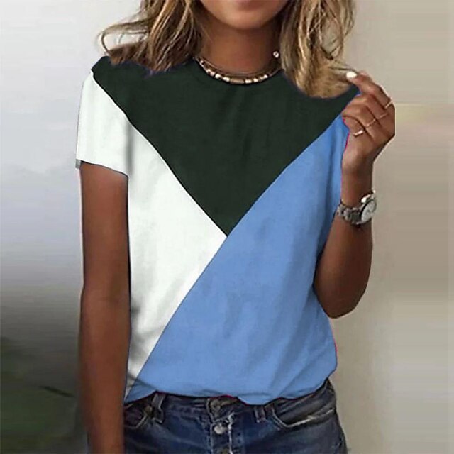  Damen T Shirt Rosa Blau Grün Bedruckt Farbblock Täglich Wochenende Kurzarm Rundhalsausschnitt Basic Baumwolle Standard Farbe S