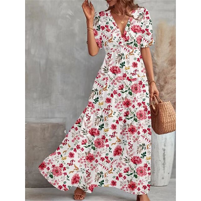  Women's Swing Dress Print Dress Long Dress Maxi Dress Streetwear Casual Floral Print Outdoor Holiday Going out V Neck Short Sleeve Dress Loose Fit Black White Red Spring S M L XL XXL