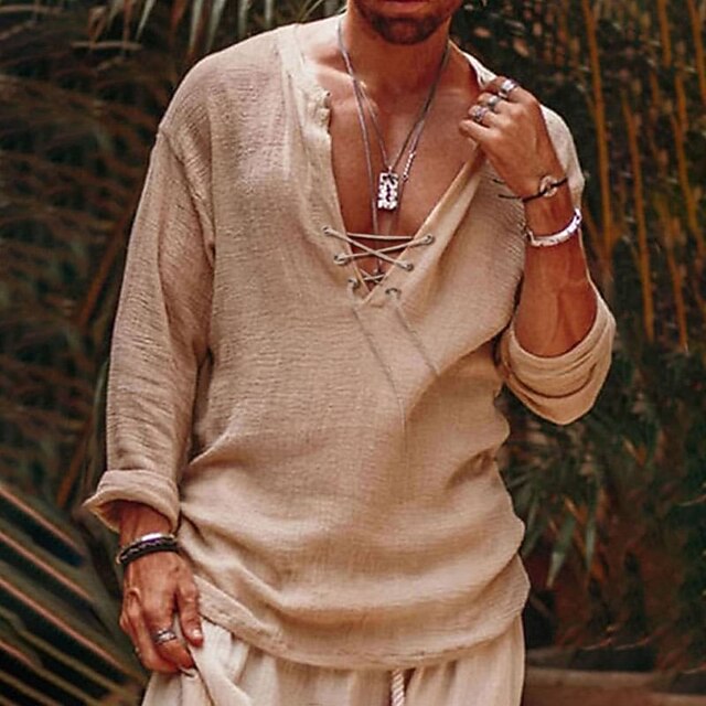 Men's Cotton Linen Shirt Summer Shirt Casual Shirt Beach Shirt Beige Long Sleeve Plain V Neck Spring & Summer Casual Daily Clothing Apparel Drawstring3