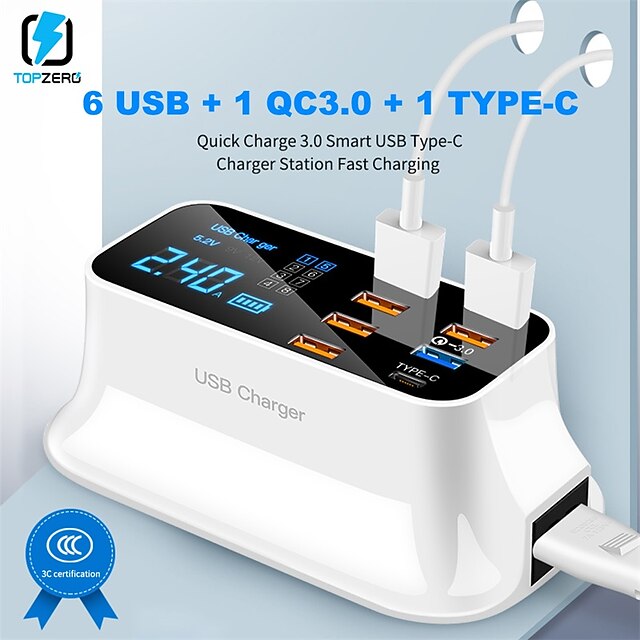 8USB Mobile Phone Fast Charging Digital Display QC3.0 Flash Charging Fast Multi-function PD Fast Charging Multi-port Charger With Display 16