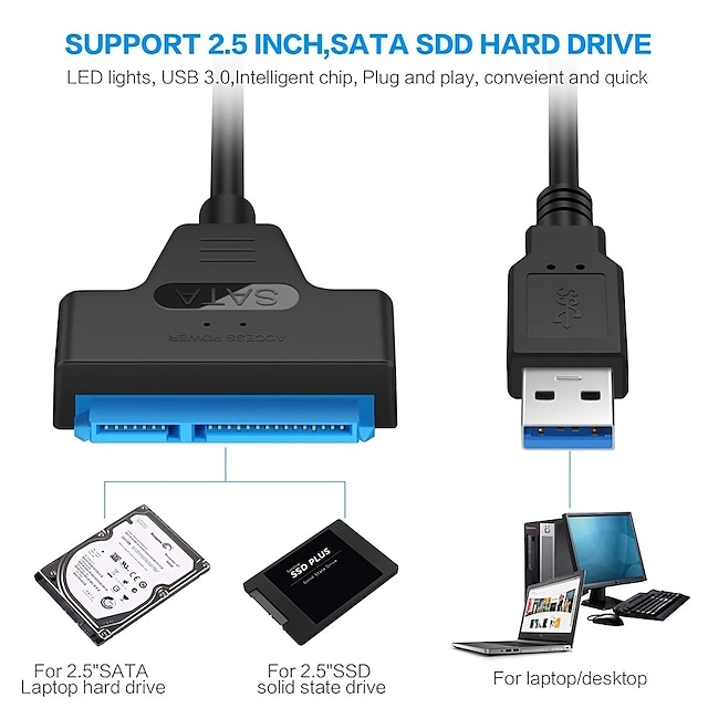  SATA To USB 3.0 / 2.0 Cable Up To 6 Gbps For 2.5 Inch External HDD SSD Hard Drive, SATA 3 22 Pin Adapter USB 3.0 To Sata III Cord