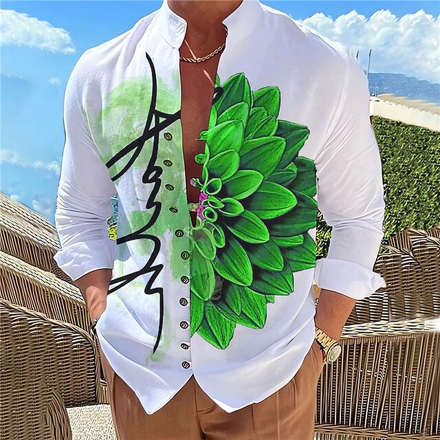  Voor heren Bloemig Overhemd Overhemd met knopen Lange mouw Modieus Ontwerper Casual Buiten Vakantie Dagelijks Herfst Lente zomer Opstaand Afdrukken Geel blauw Fuchsia Groen Grijs