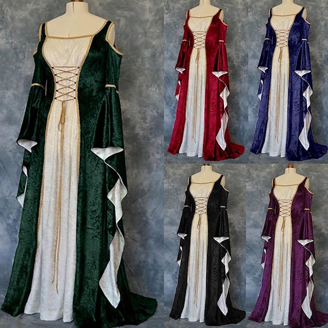  Retro Vintage Mittelalterlich Renaissance Kleid Vikinger Elfen Damen Feste Farbe Maskerade Party Kleid