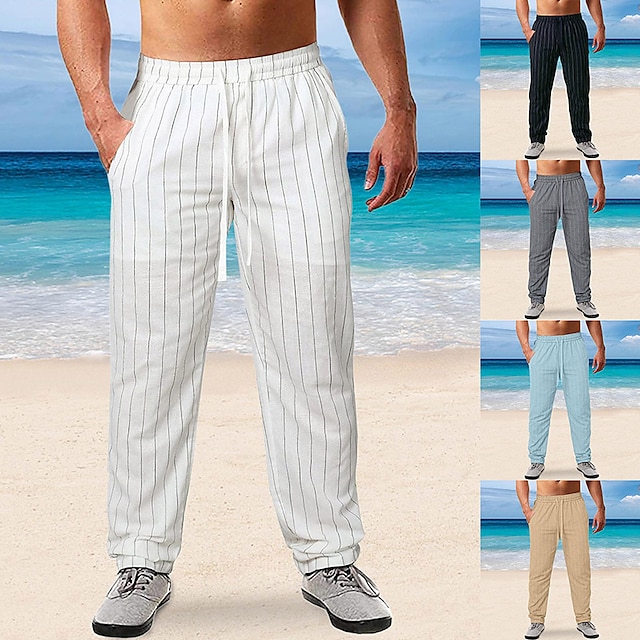  Men's Linen Pants Trousers Summer Pants Pocket Stripe Comfort Breathable Outdoor Daily Going out Linen / Cotton Blend Fashion Casual Black White