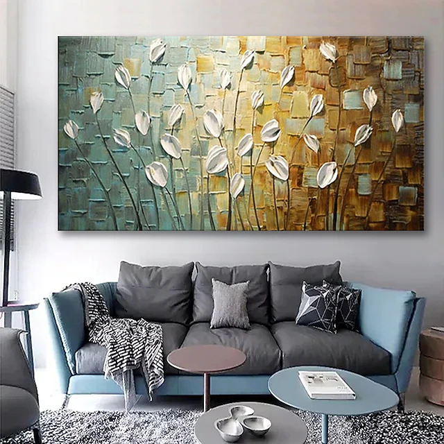 Oil Painting Handmade Hand Painted Wall Art Modern Thick Oil Knife White Flowers Abstract Home Decoration Decor Stretched Frame Ready to Hang 8