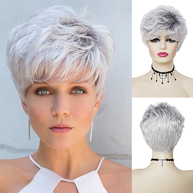  Short Wig Ombre Silver Grey Wigs for Women Synthetic Hair with Bangs Natural Hairstyle for Old Lady Mommy Wig Cap Free