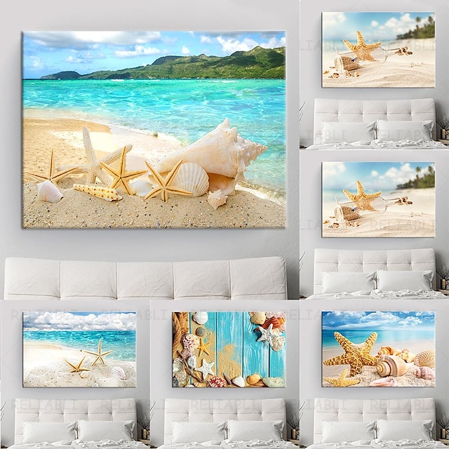  Beach Seascape Wall Art Canvas Painting Shell Sea Wall Art Starfish Seashells Wall Pictures Poster for Living Room Bedroom Office Decor No Frame
