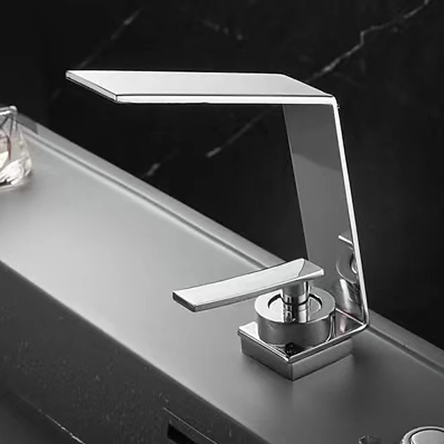Waterfall Bathroom Sink Mixer Faucet, Basin Taps Mono Wash Basin Single Handle Washroom Tap with Hot and Cold Hose, Monobloc Vessel Water Brass Tap Deck Mounted 18