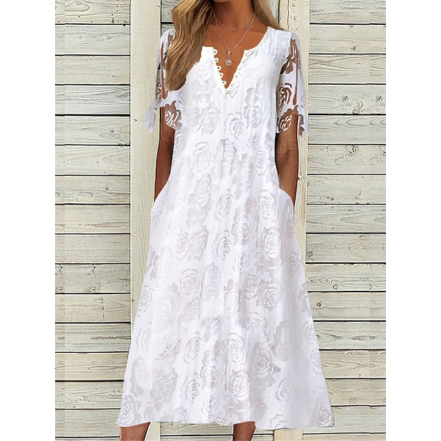 Women's Casual Dress White Dress Summer Dress Midi Dress Button Pocket ...