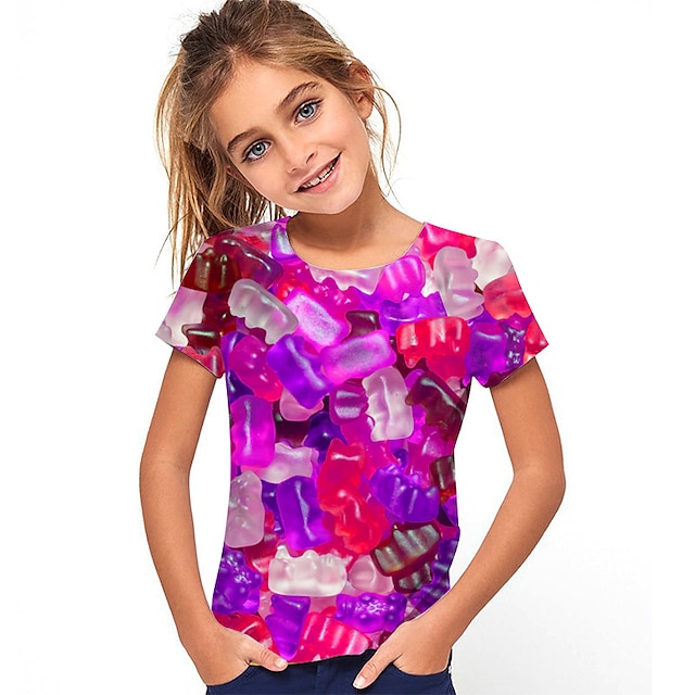 Kids Girls' Graphic T shirt 3D Print Outdoor Crewneck Short Sleeve Active Summer 7-13 Years Red Purple