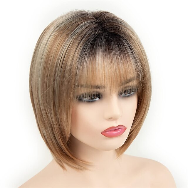 Blonde Highlight Short Pixie Bob Wig with Bangs Straight Ombre Blonde ...