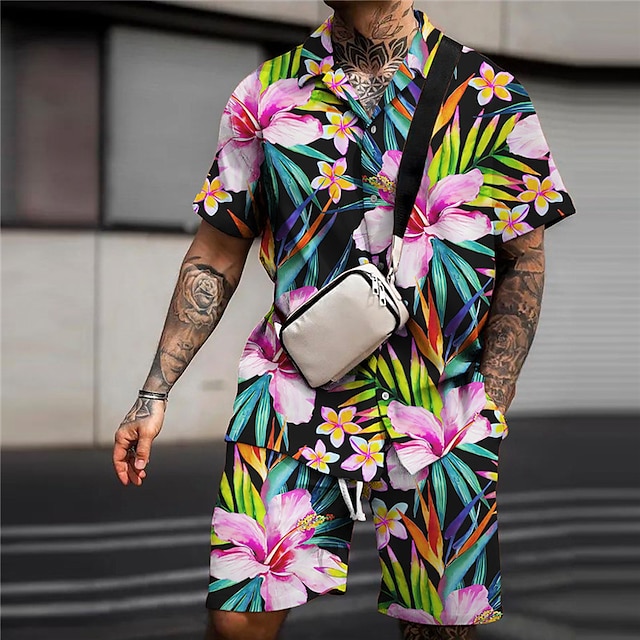 Herr Skjorta Skjorta set Hawaii skjorta Blommig Grafiska tryck Löv Nedvikt Rodnande Rosa Grön Utomhus Gata Kort ärm Mönster Kläder Mode Streetwear Designer Mjukt