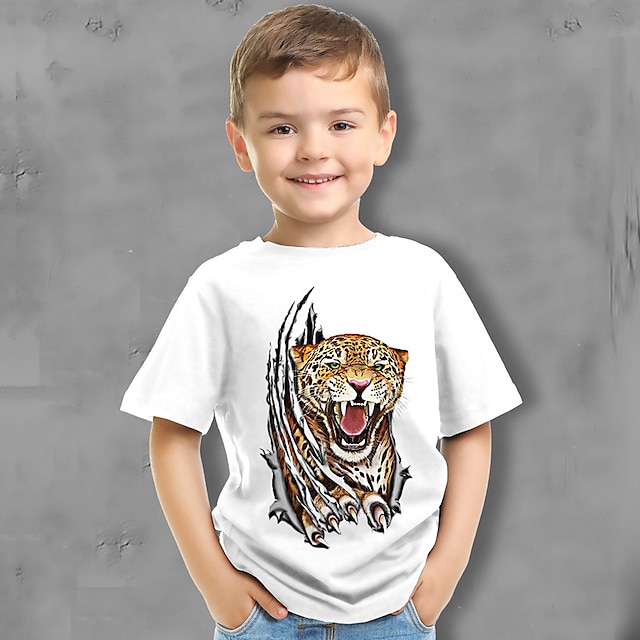  Børn Drenge T-shirt T-shirt Grafisk Dyr Tiger Kortærmet Crewneck Børne Top udendørs 3D-udskrivning Sport Mode Sej Sommer Hvid 3-12 år