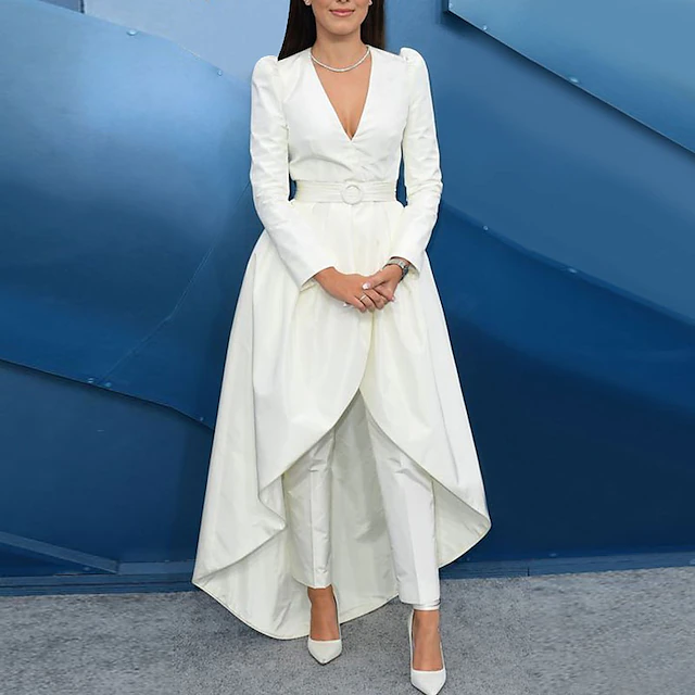 Two Piece Pantsuit Evening Gown Elegant Tuxedo Wedding Guest Engagement Floor Length Long Sleeve V Neck Fall Wedding Guest Satin with Sash / Ribbon Overskirt Appliques free custom size 6