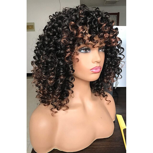 Afro Curly Wigs Black with Warm Brown Highlights Wigs with Bangs for ...