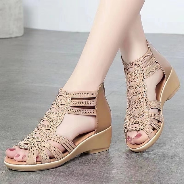  Women's Sandals Wedge Sandals Gladiator Sandals Roman Sandals Sparkly Sandals Outdoor Daily Beach Solid Color Summer Wedge Heel Peep Toe Elegant Classic Casual Faux Leather Zipper Black Champagne