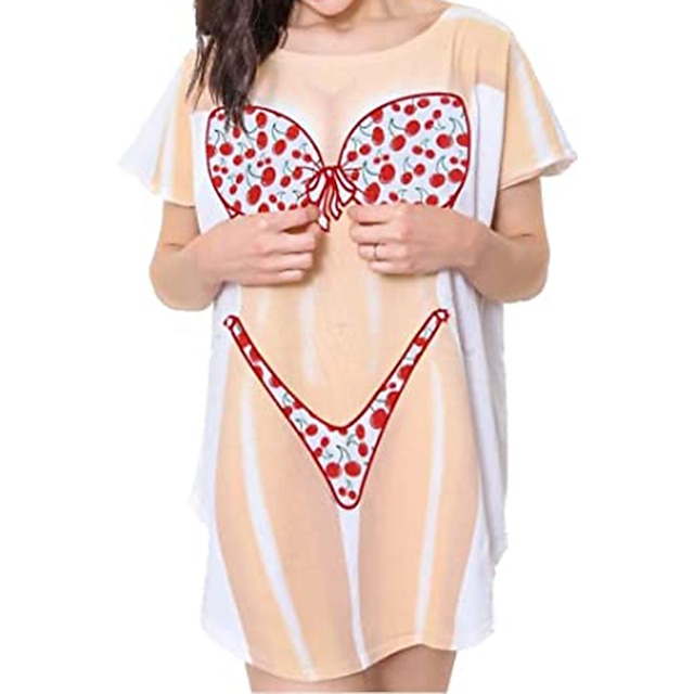  kvinners bikini skjorte cover up kjole morsom søt bikini print for badetøy kortermet 3d grafikk baggy badetøy cover-up