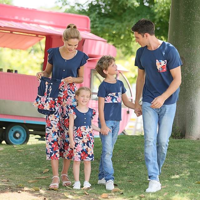  Mommy And Me Matching Outfits Family Dresses T shirt Floral Outdoor Navy Blue Short Sleeve Daily Matching Outfits