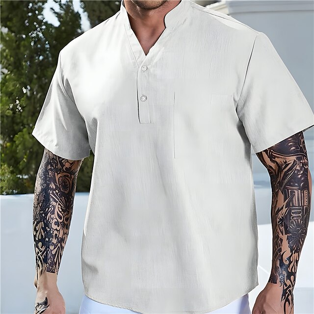  Men's Shirt Linen Shirt Casual Shirt Summer Shirt Beach Shirt Black White Blue Plain Short Sleeve Summer V Neck Casual Daily Clothing Apparel