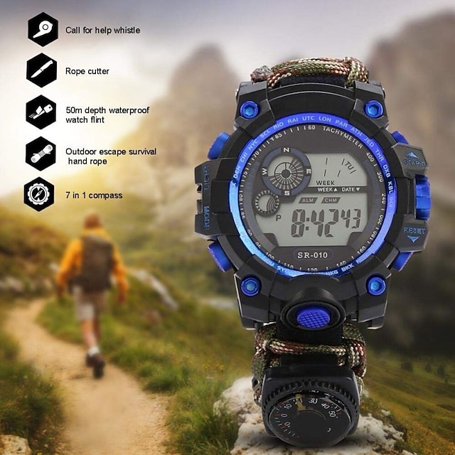  Multifunctional 50M Waterproof Digital Watch With Paracord Bracelet And Fire Starter Outdoor Emergency Survival Tool