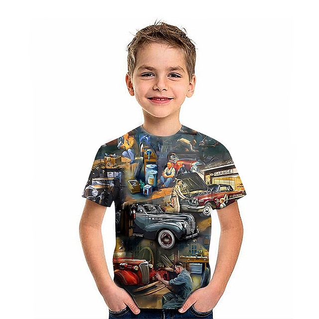  Børn Drenge T-shirt T-shirt Grafisk Bil Kortærmet Crewneck Børne Top udendørs 3D-udskrivning Årgang Daglig Sommer Sort 2-13 år