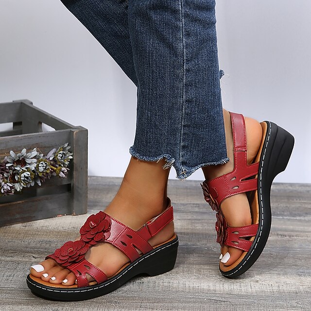 Women's Red Sandals with Decorative Flower Embellishments for Summer