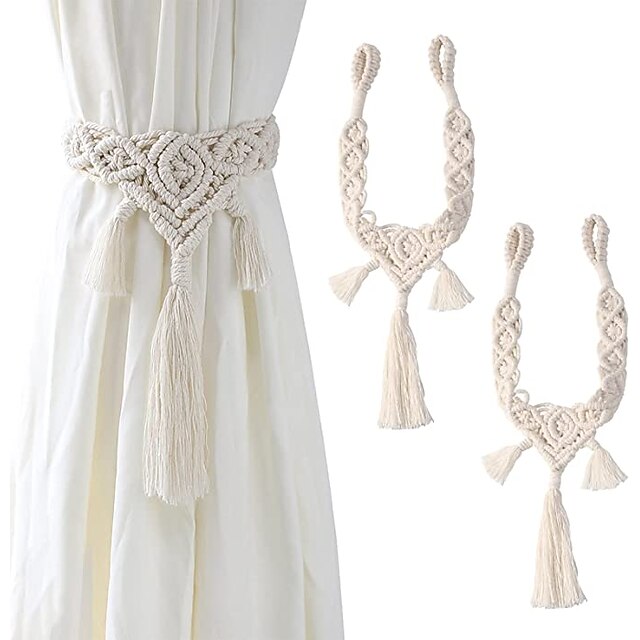 Boho Rope Curtain Bohemian Tie Backs with Tassel Cotton Rope Hand Woven