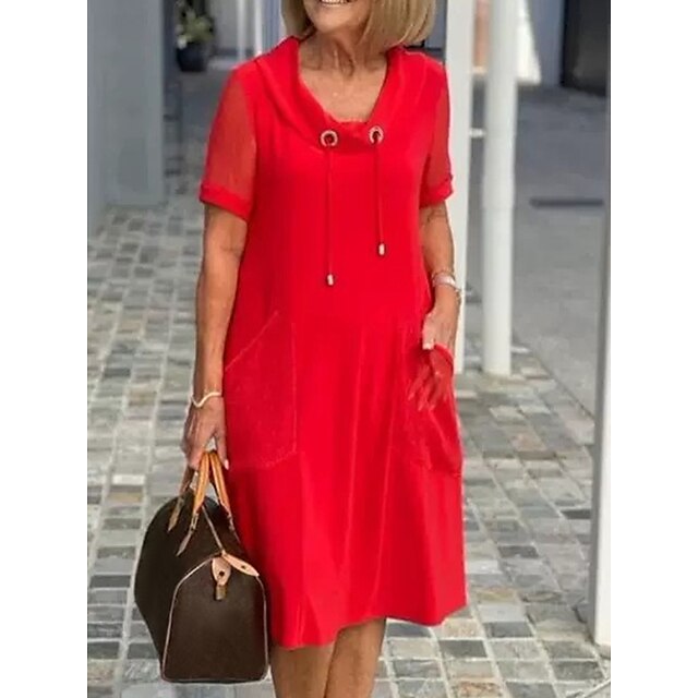  Women's Casual Dress Plain Shift Dress Summer Dress Cowl Neck Pocket Midi Dress Outdoor Daily Fashion Streetwear Loose Fit Short Sleeve Red Summer Spring S M L XL XXL