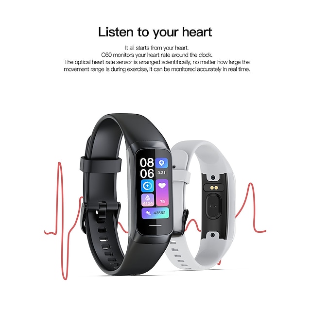  C60 Smartwatch 1.1 Zoll Smartwatch Fitnessuhr Bluetooth Schrittzähler Schlaf-Tracker Herzschlagmonitor Kompatibel mit Android iOS Damen Herren Langer Standby Step Tracker IP 67 43mm Uhrengehäuse