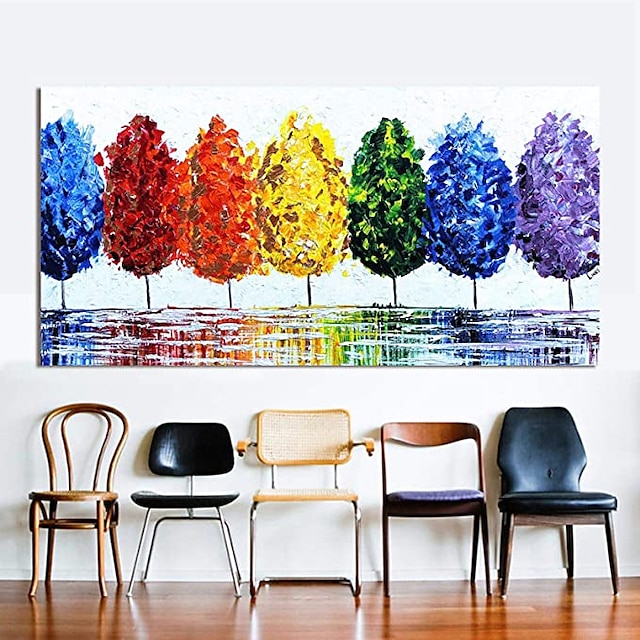  arte da parede da lona pintura a óleo da parede da árvore do arco-íris imagens pintadas à mão para sala de estar decoração de casa obras de arte modernas