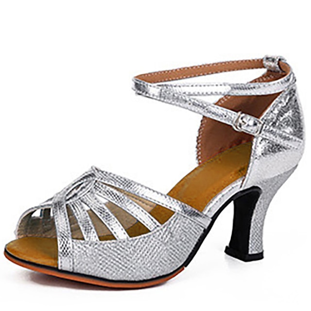  Zapatos de baile latino para mujer con purpurina dorada: tacones abiertos con tiras y correa en el tobillo para presentaciones de salón y salsa.