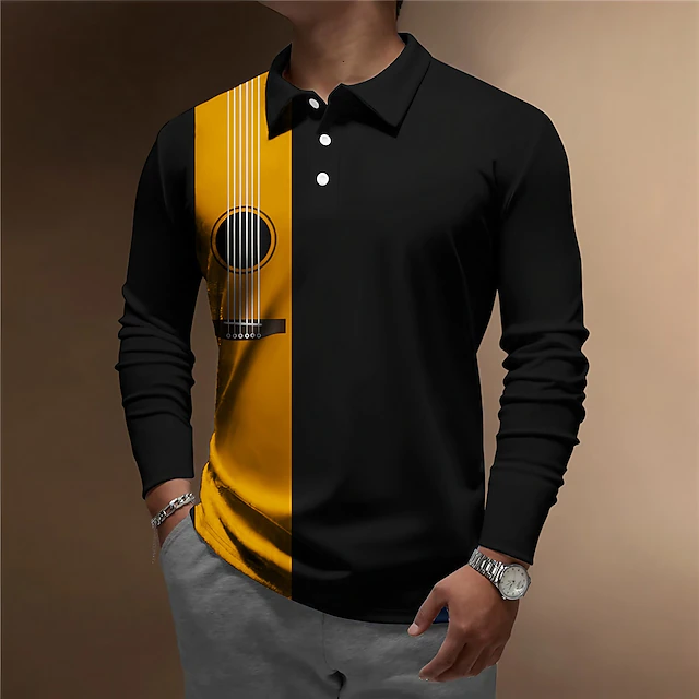 Music Festival Men's Guitar Polo Shirts Golf Shirt Long Sleeve Polo Shirts Collared Shirts Casual Vacation Wear Festival Wear Party Outfits 3D Print Buttons Yellow Blue2