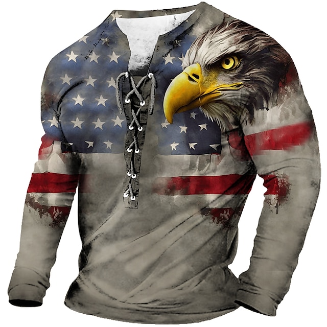  Men's T shirt Tee Collar Graphic Eagle National Flag Clothing Apparel 3D Print Daily Going out Lace up Print Long Sleeve Fashion Designer Comfortable