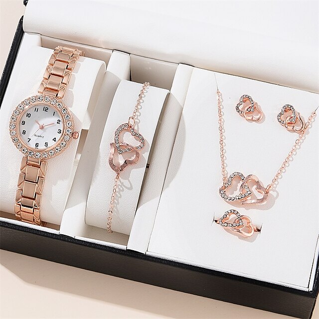  6PCS Set New Watch Women Luxury Crystal Quartz Stainless Steel Wristwatch Casual Watches Ladies Clock For Gift Relogio Femenino