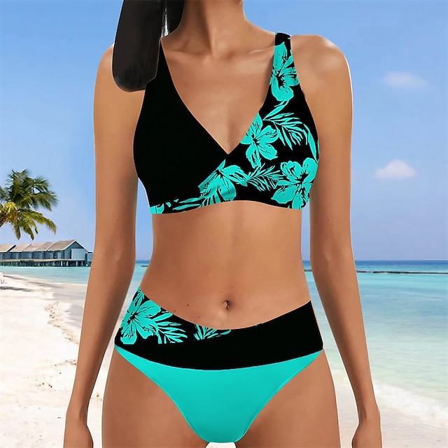  Women's Swimwear Bikini Normal Swimsuit 2 Piece Printing Floral White Yellow Light Green Red Blue Bathing Suits Sports Beach Wear Summer