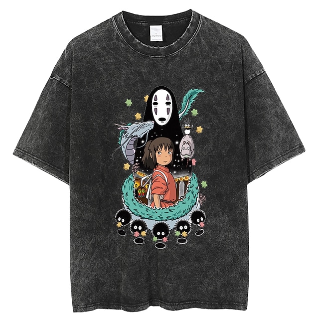 Spirited Away Totoro Koszulkowy Oversizowa koszulka Acid Wash Nadruk Graficzny Na Dla par Męskie Damskie Dla dorosłych Przemywania kwasem Codzienne