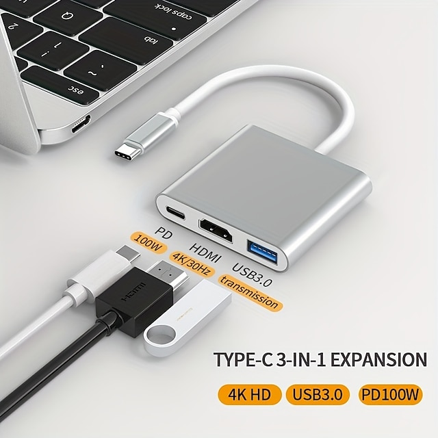  Koncentrator USB C 3 w 1, zasilanie 100 W, USB 3.0 i 4K 30 Hz HDMI, na lata 2022-2016 macbook pro, nowy mac air/surface/chrome/steam deck, srebrna stacja dokująca