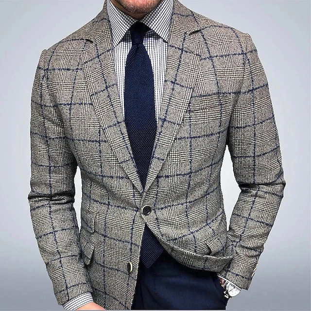 Men's Jacket Blazer Engagement Party Cocktail Attire Breathable Pocket Fall Winter Plaid / Check Business 1920s Turndown Regular Regular Fit Brown Gray Jacket 7