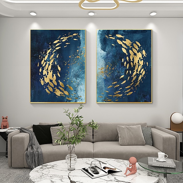  100% käsinmaalattu sininen lehtikulta moderni abstrakti öljymaalaus käsintehdyt kalamaalaukset kodin sisustus olohuoneeseen parhaana lahjana