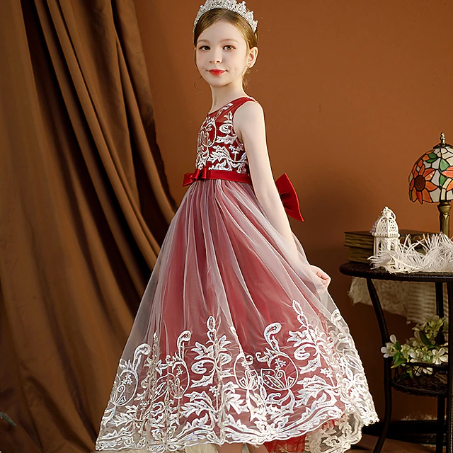 Kids Girls' Dress Flower Sleeveless Wedding Christening dress Princess Polyester Floral Embroidery Dress Flower Girl's Dress Summer 4-13 Years Deep Purple Watermelon Red Bean Paste 23
