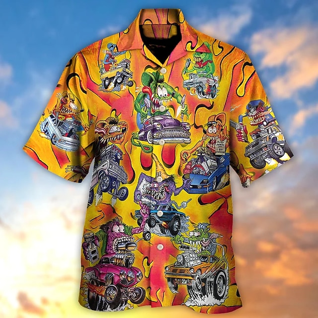  Herr Skjorta Hawaii skjorta Grafiska tryck Hippie Buss Nedvikt Ljusgul Blågrön Svart Ljusgrön Purpur Ledigt Hawaiisk Kortärmad Mönster Button-Down Kläder Tropisk Mode Hawaiisk Mjukt